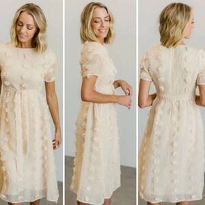 NEW Baltic Born DARBI Cream Floral Dot‎ Midi Dress Belted Short Sleeve XL